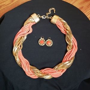Orange and Gold Braided Necklace Set
